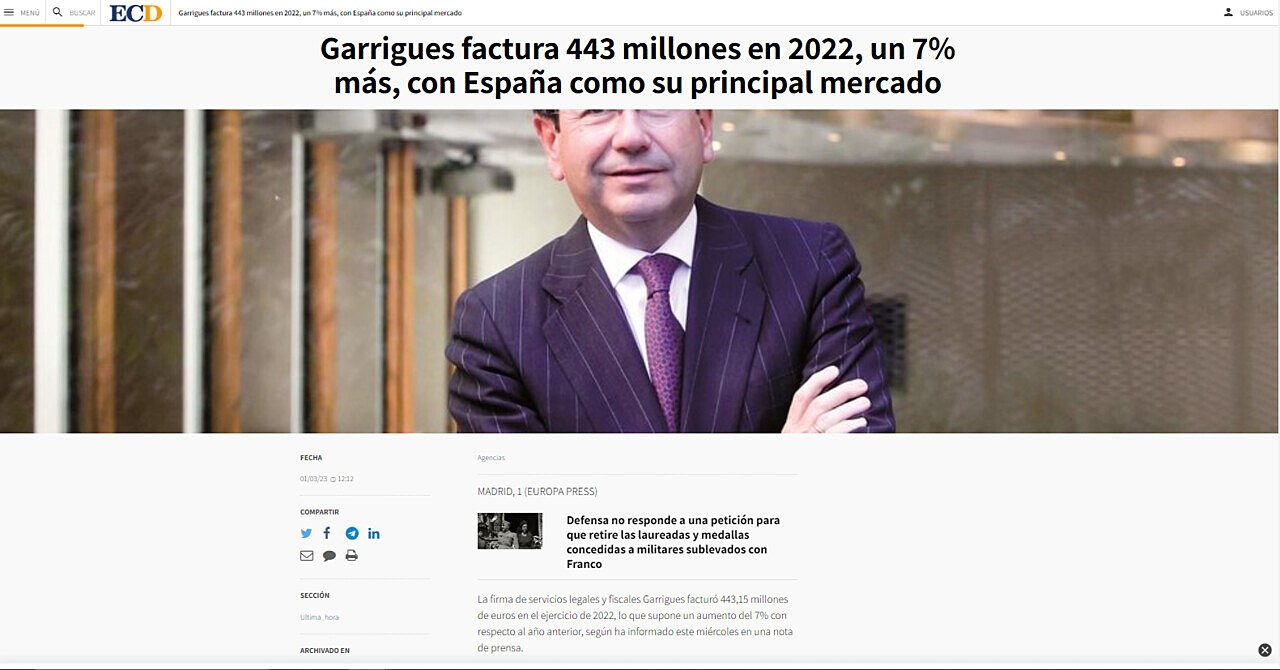 Garrigues factura 443 millones en 2022, un 7% ms, con Espaa como su principal mercado